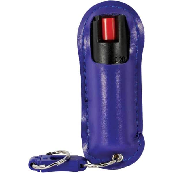 Purple pepper spray keychain with safety lock, designed for personal protection and easy accessibility.
