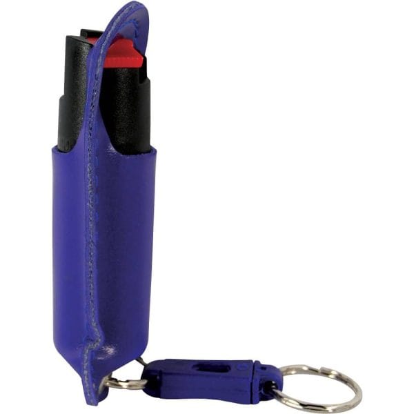 Keychain pepper spray in a purple leather case with a silver ring and safety lock. Ideal for personal safety and security.