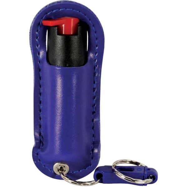 Blue pepper spray keychain with a red trigger, encased in a protective cover. Ideal for personal self-defense.