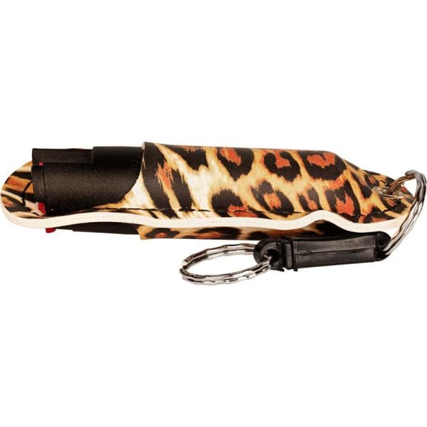 Leopard print compact umbrella with silver chain and black handle, stylish and portable for travel.