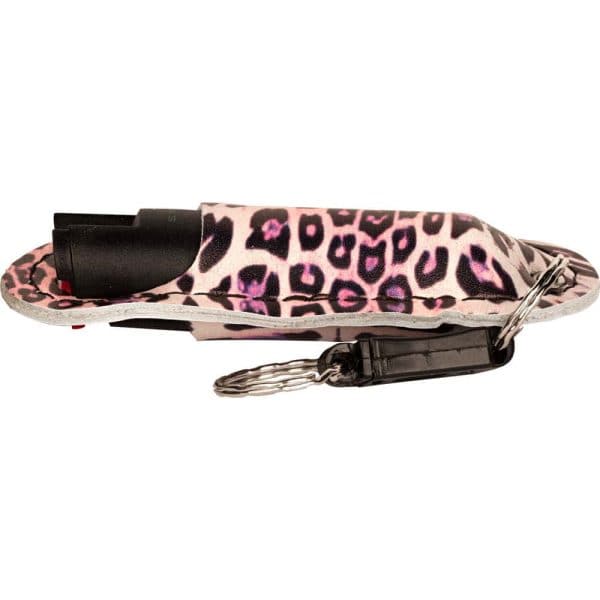 Leopard print protective casing with a clip and keychain attachment, featuring vibrant pink and black patterns.