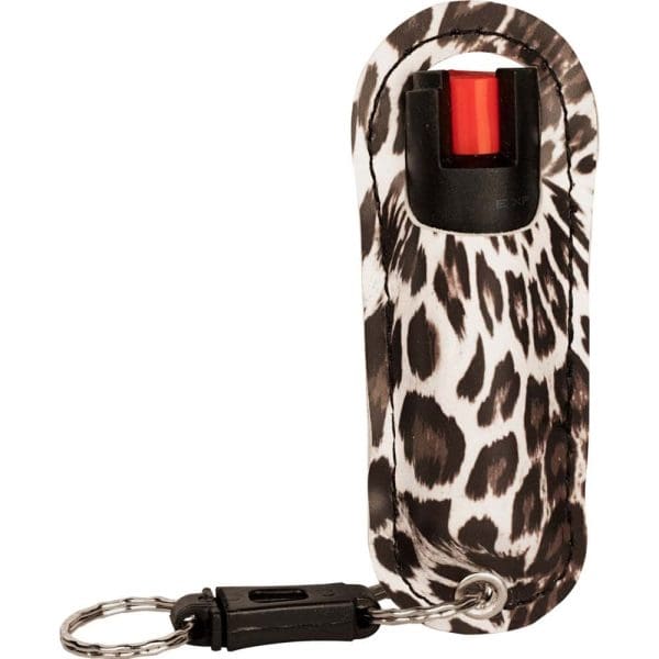Leopard print pepper spray keychain for stylish and portable personal safety.