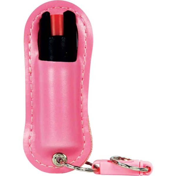 Pink pepper spray with keychain for personal safety. Compact and easy to carry.