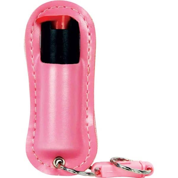 Pink pepper spray keychain in a protective case for personal safety.