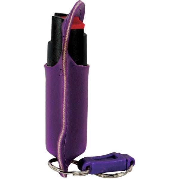 Purple keychain pepper spray canister with black top, designed for personal safety and easy access.