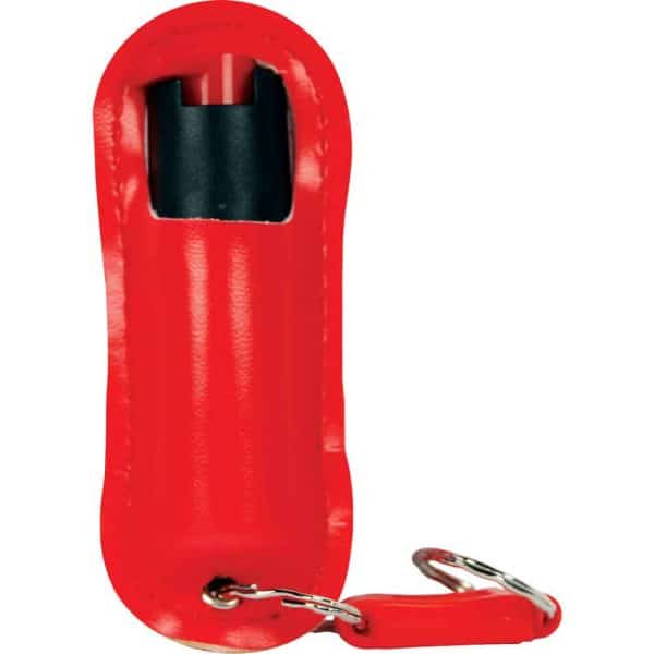 Red pepper spray keychain for personal safety. Convenient and portable self-defense tool with protective case.
