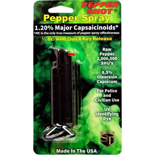 Pepper Shot spray packaging, 1.20% major capsaicinoids, quick key release, for police and civilian use, made in USA.