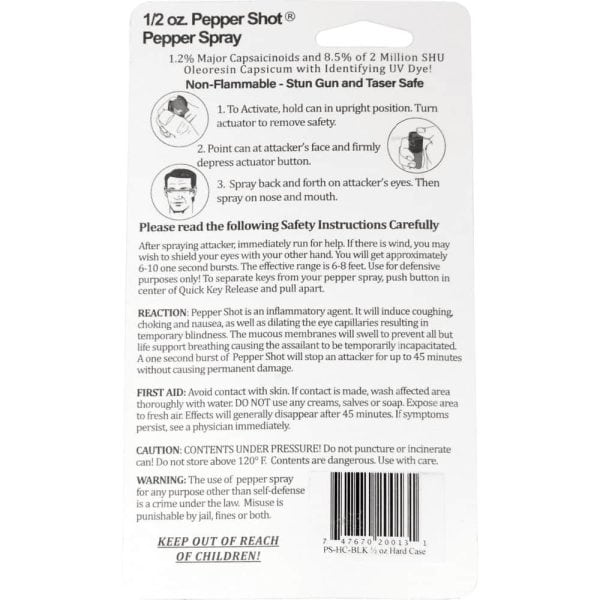 Instructions and safety information for 1/2 oz. Pepper Shot pepper spray with usage and caution details.