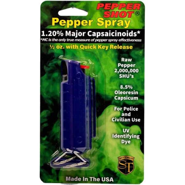 Pepper Shot pepper spray package with 1.20% capsaicinoids and quick key release. For police and civilian use.