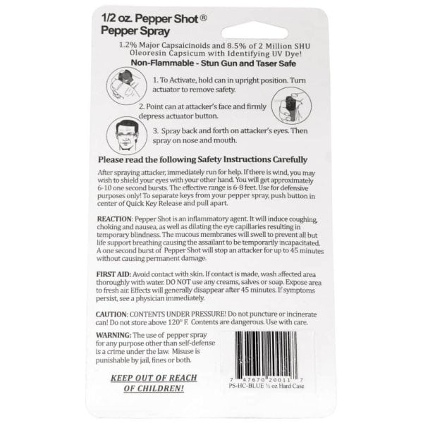 Pepper spray package with usage instructions, safety guidelines, and warnings for self-defense purposes.