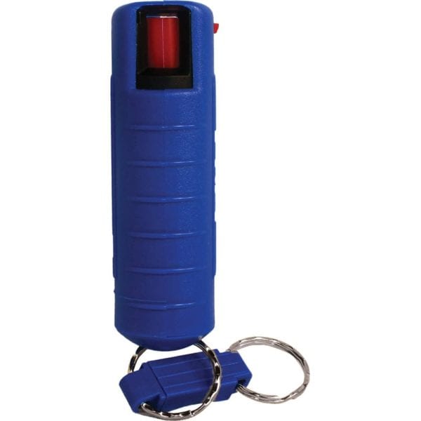 Blue pepper spray keychain with safety lock for personal security and self-defense.