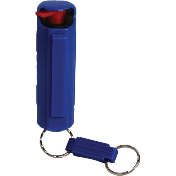 Blue pepper spray with keyring for personal safety and self-defense.