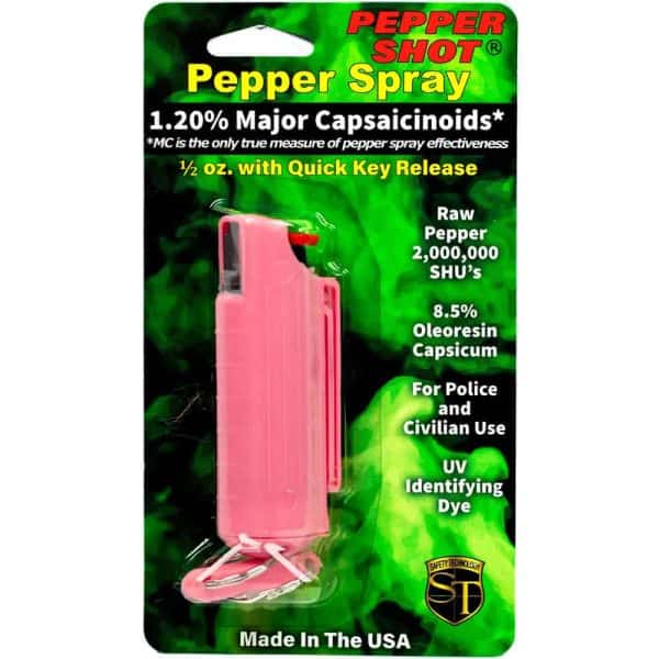 Pink Pepper Shot pepper spray package with 1.2% capsaicinoids, 2,000,000 SHU, quick key release, and UV dye.