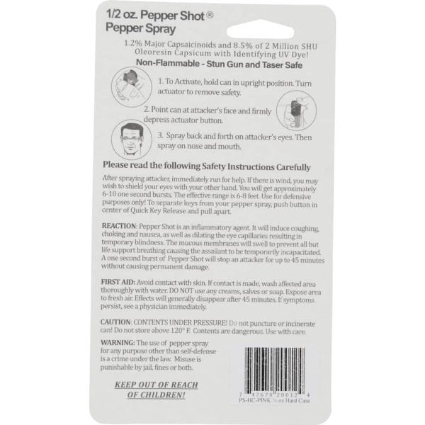 Pepper Shot pepper spray packaging with instructions, safety warnings, and cautions for self-defense use.
