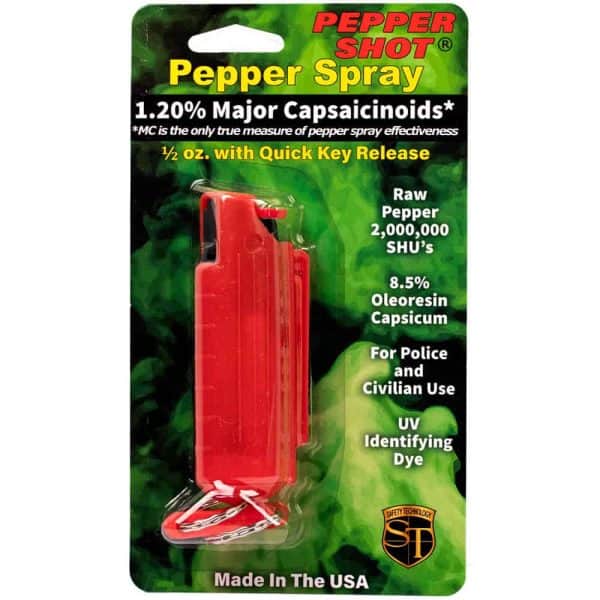 Red Pepper Shot spray package, 1.20% major capsaicinoids, quick key release, for police and civilian use. Made in USA.