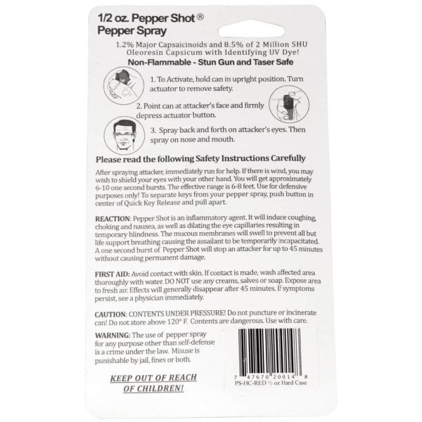 Back of pepper spray package with instructions, safety warnings, and first aid information.