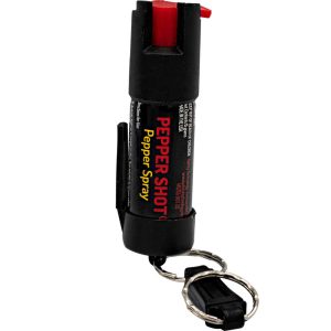 Black and red pepper spray with keychain attachment for personal safety.