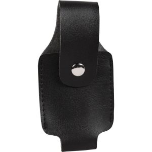 Black leather pouch with metal snap closure for belt attachment, ideal for small tools or accessories storage.