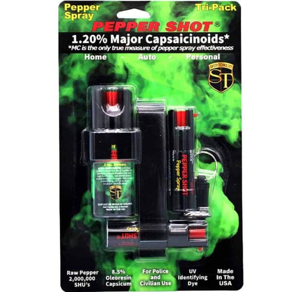 Pepper Shot Tri-Pack with 1.20% Major Capsaicinoids, suitable for home, auto, and personal protection.