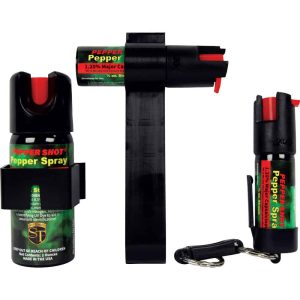 Pepper spray bottles with keychain holder and wall mount, labeled Pepper Shot for self-defense.