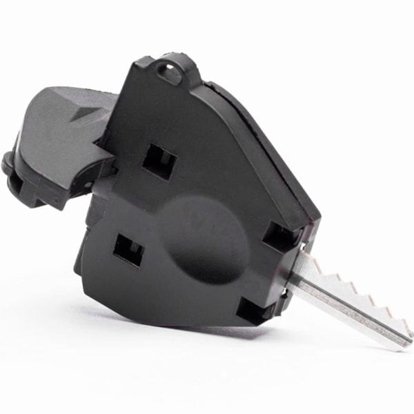 Close-up of a black car key fob shell with a visible inserted key on a white background.