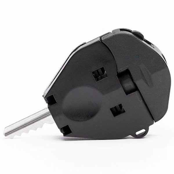 Black electronic car key with foldable blade on a white background.