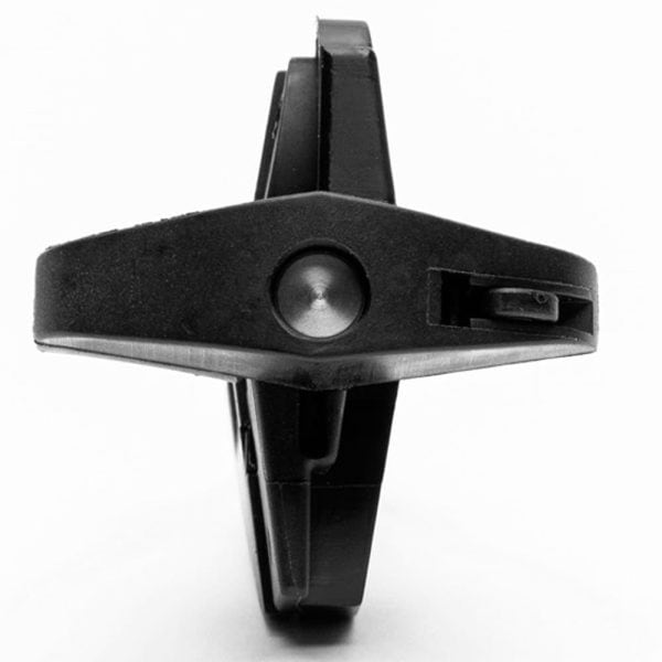 Close-up of a black plastic clamp against a white background, showcasing its gripping mechanism and design.