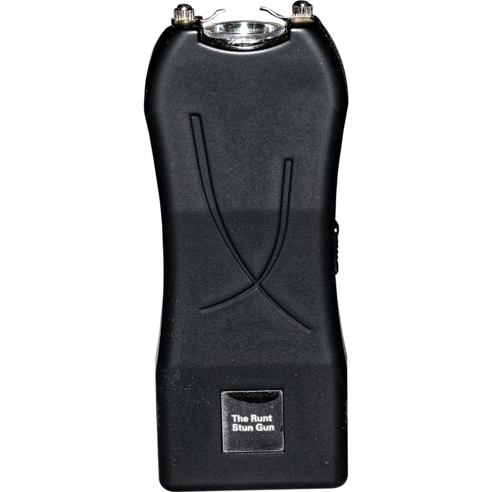 Black Runt Stun Gun for personal protection, compact design with safety features, front view.