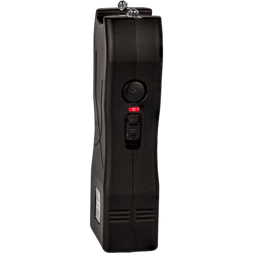 Black handheld stun device with on/off switch and charging ports, ideal for personal safety and security.