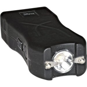 Black stun gun with flashlight, close-up view. Perfect for personal safety and self-defense tools.