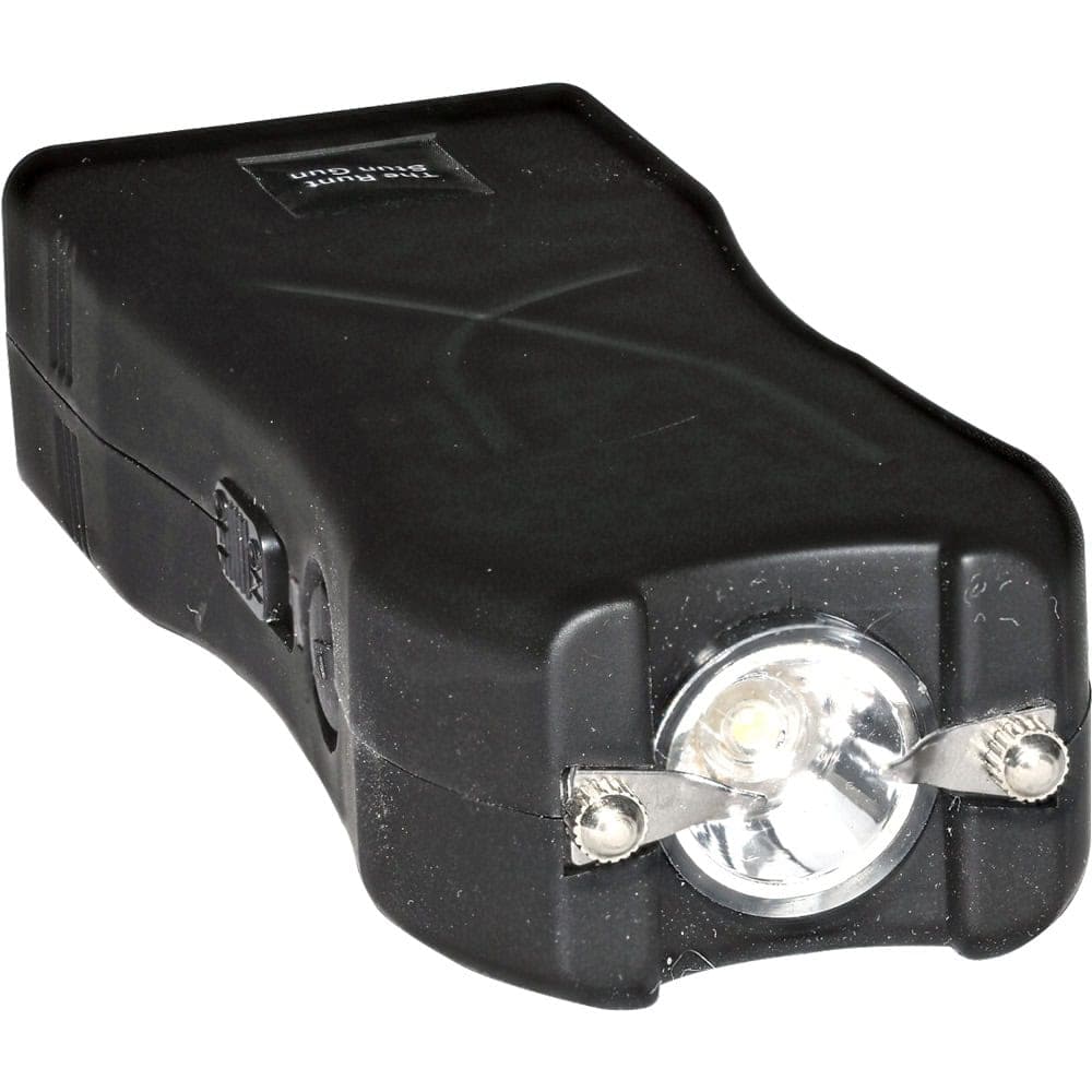 Black stun gun with flashlight, close-up view. Perfect for personal safety and self-defense tools.