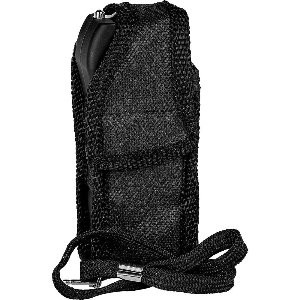 Black carrying case with strap for a portable device, featuring durable stitching and secure closure.