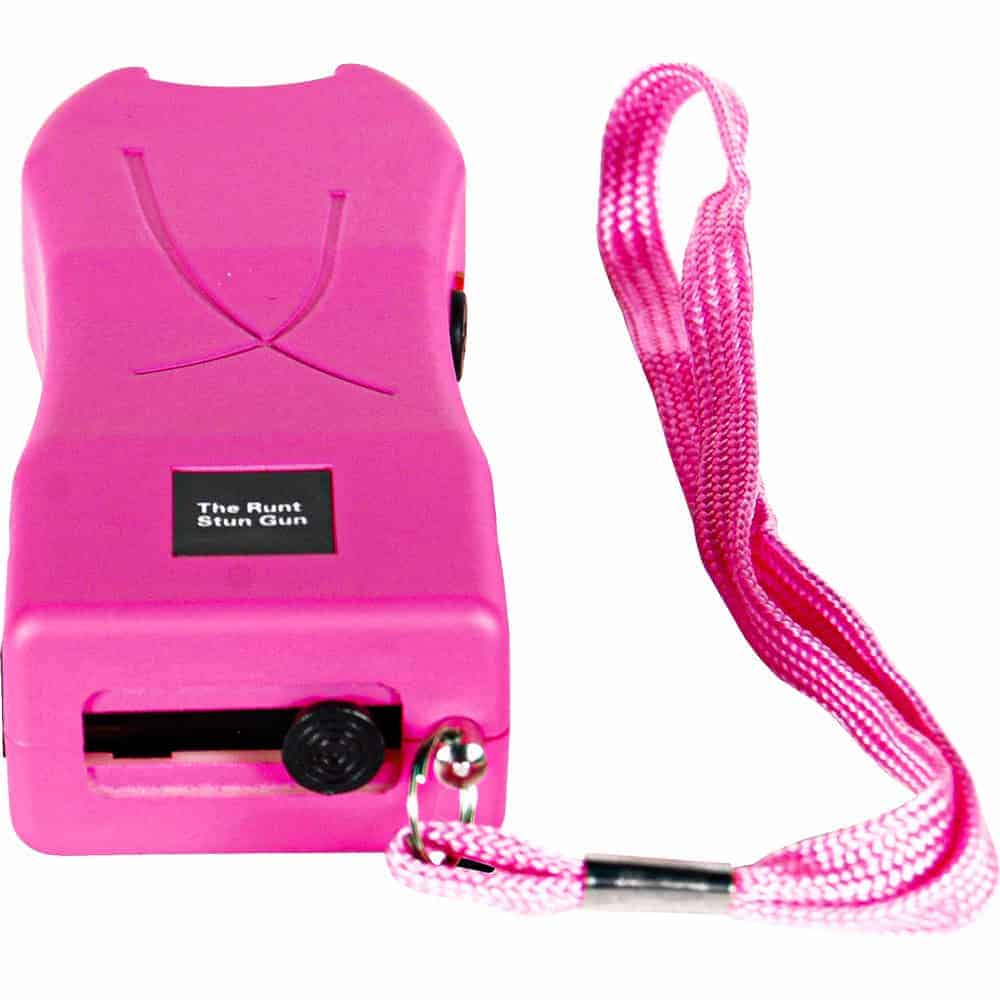 Pink stun gun with wrist strap for personal safety.