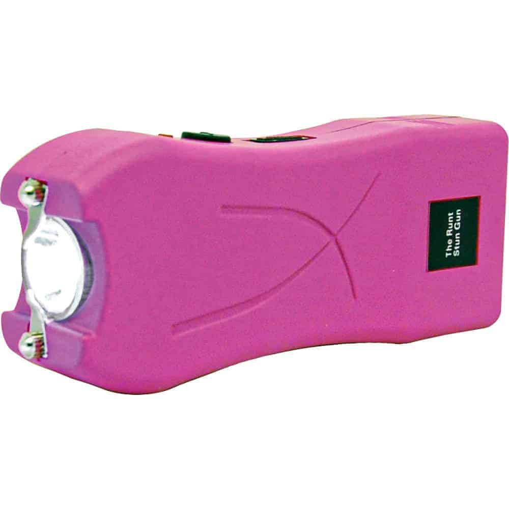 Pink stun gun with flashlight, compact design, provides personal safety and self-defense tool for security.
