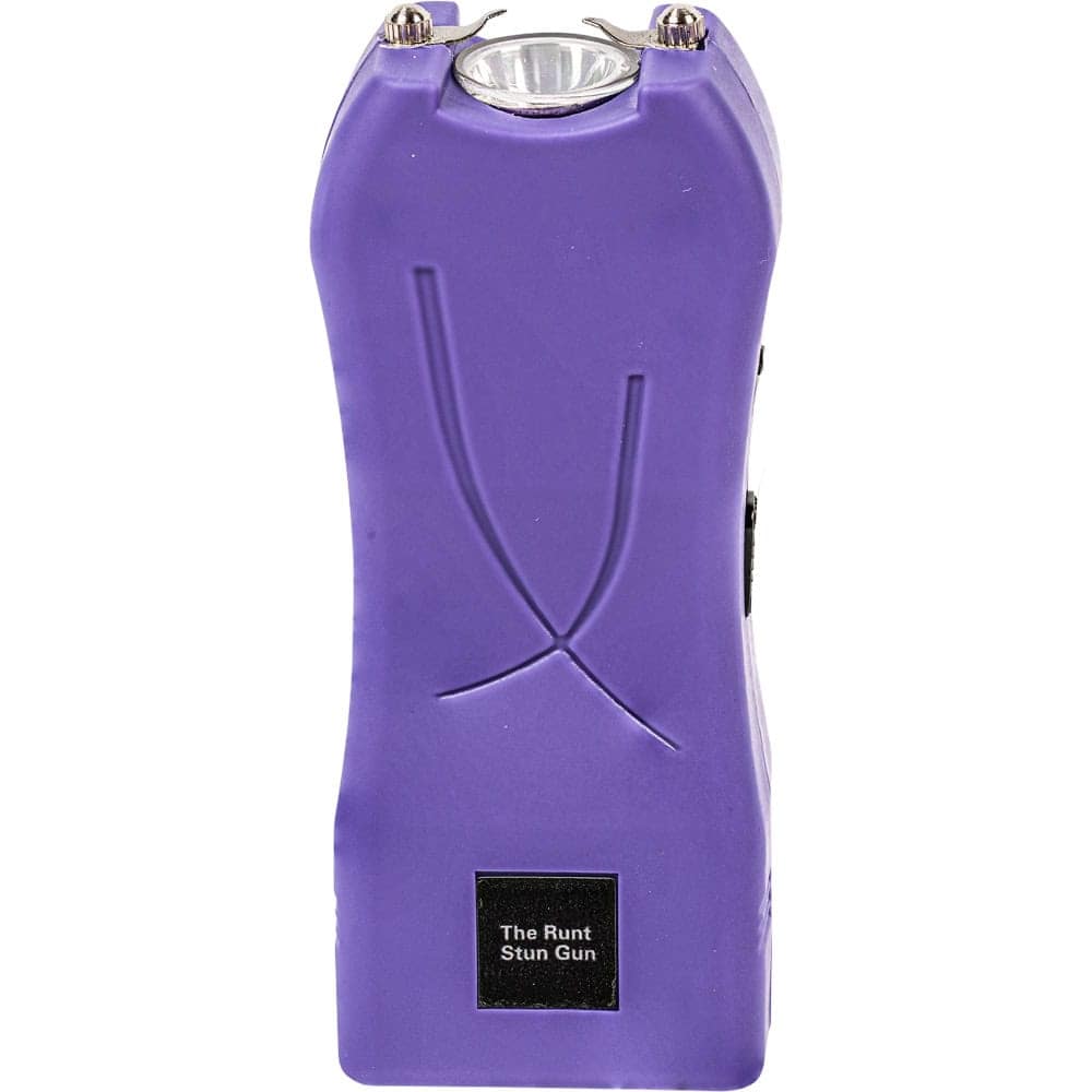 Purple self-defense stun gun with a flashlight feature, compact and easy to carry for personal safety.