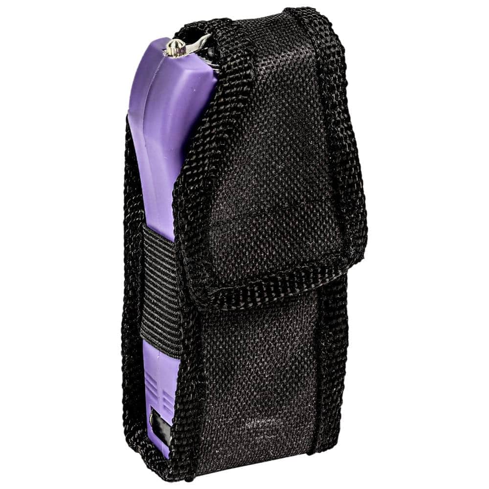 Purple stun gun in black holster, side view highlighting ergonomic design and convenient carrying case.