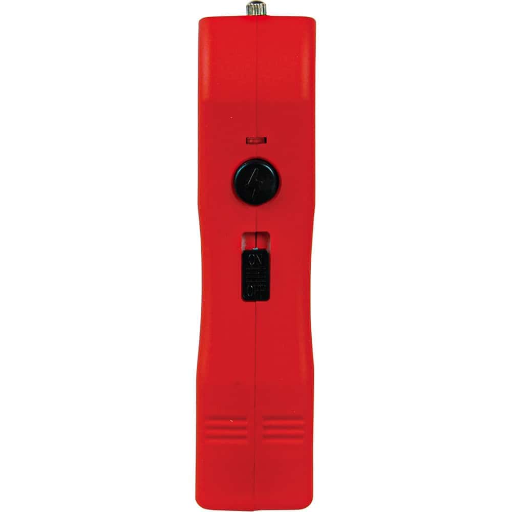 Red handheld electrical wire tracer with on/off switch, vertical view.