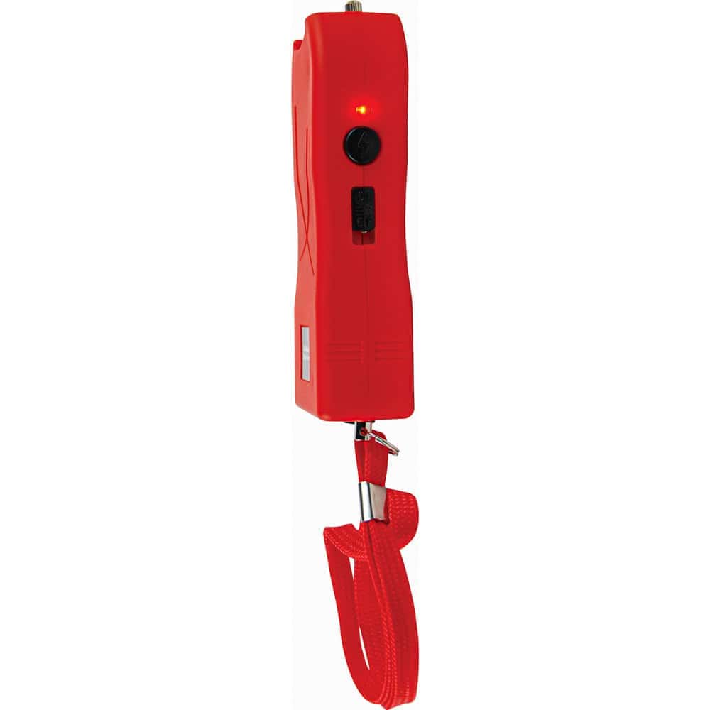 Red portable stun gun with wrist strap for personal safety and self-defense.