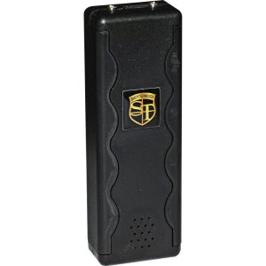 Black handheld stun gun with Safety Technology logo, designed for personal security and protection.