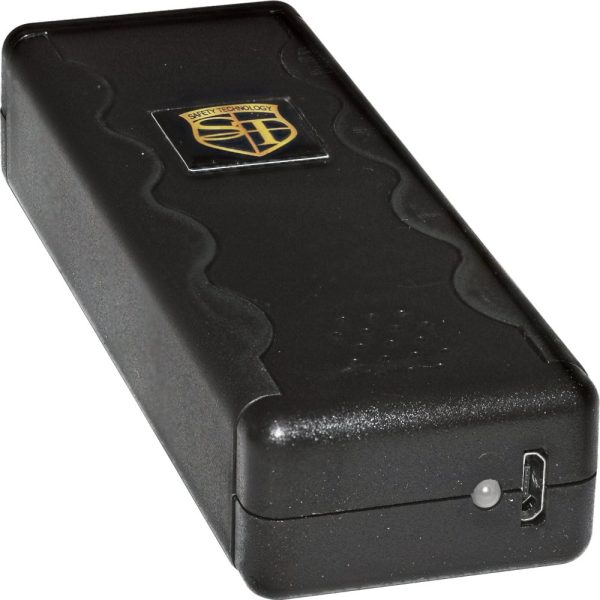 Black power bank with Safety Technology logo, USB port visible. Compact design for portable charging solutions.
