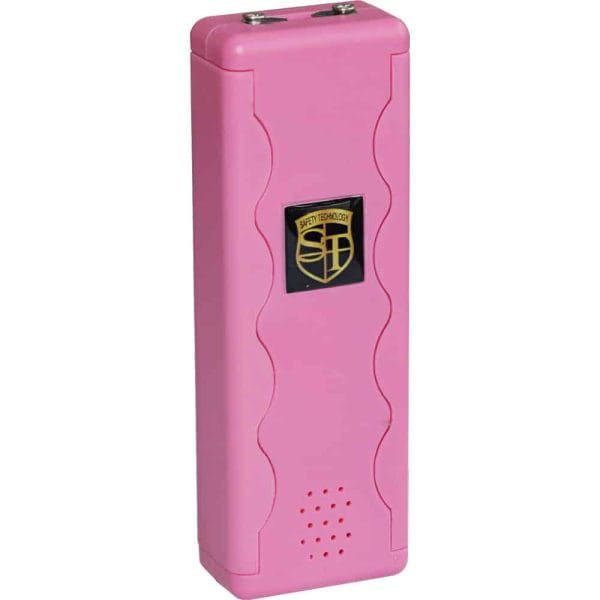 Pink rectangular self-defense stun gun with safety technology logo.