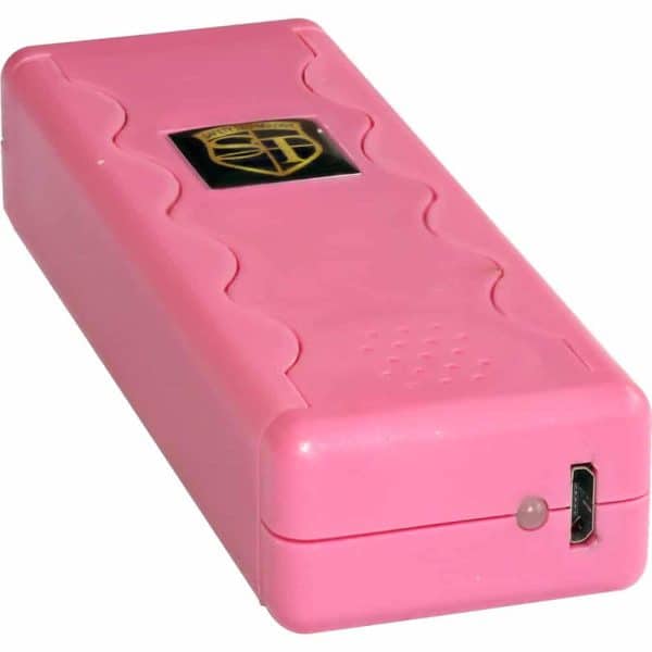 Pink electronic device with a logo, featuring a USB port and an LED indicator on one side.