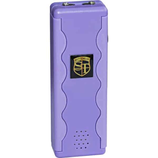 Purple stun gun by Safety Technology with black and gold logo, ideal for self-defense and personal safety.