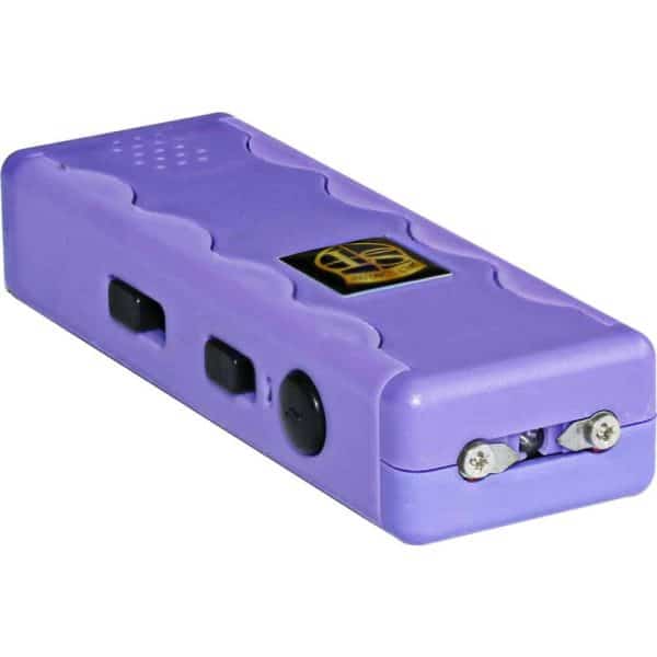 Purple handheld stun gun with black buttons and visible electrodes, ideal for self-defense and personal safety.