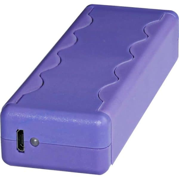 Purple external hard drive with wavy design, USB port on the front, isolated on white background.