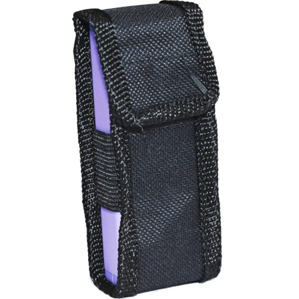 Black nylon knife holster with Velcro flap, ideal for secure storage and easy access to tools or accessories.