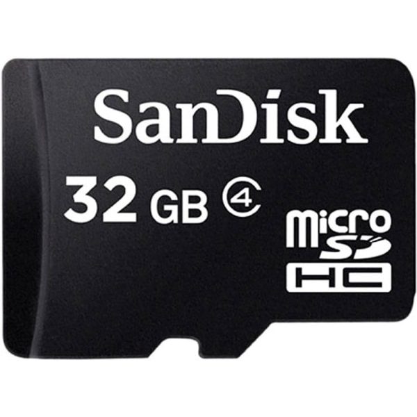 SanDisk 32GB microSDHC memory card, Class 4, for expanded storage in smartphones, cameras, and tablets.