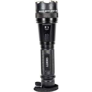 Black heavy-duty stun gun flashlight with SHORTY label and textured grip, featuring a wrist strap for safety.