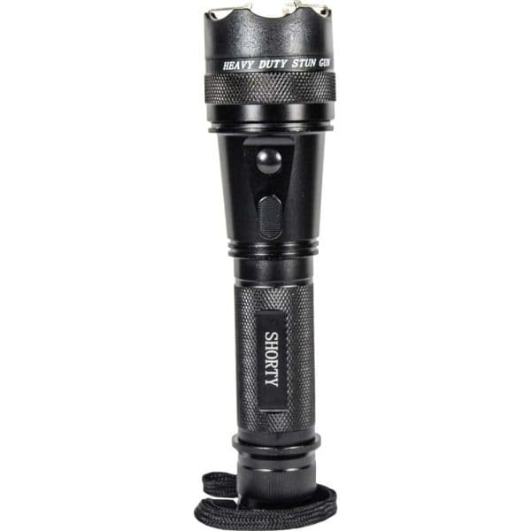 Black heavy-duty stun gun flashlight with SHORTY label and textured grip, featuring a wrist strap for safety.