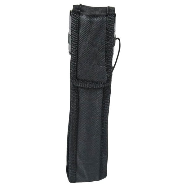 Black nylon knife sheath with belt loop, vertical view. Durable, compact design for easy carrying and protection.